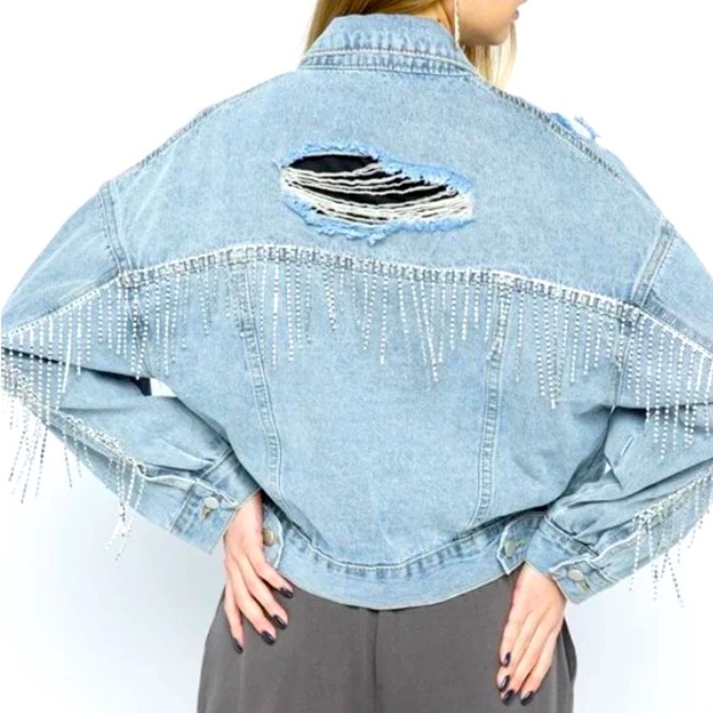 Ripped Denim Crop Jean Jacket w/ Rhinestones